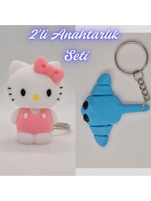 3D Atölye Maker  Beyaz Hello Kitty ve Açık Mavi Esnek Vatoz Anahtarlık
