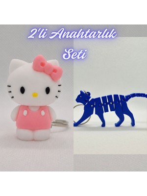 3D Atölye Maker  Beyaz Hello Kitty ve Mavi Esnek Kedi Anahtarlık
