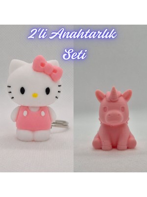 3D Atölye Maker  Beyaz Hello Kitty ve Açık Pembe Unicorn Anahtarlık