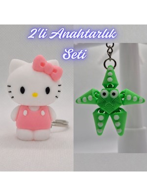 3D Atölye Maker  Beyaz Hello Kitty ve Yeşil Hareketli Deniz Yıldızı Anahtarlık