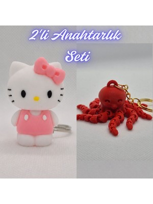 3D Atölye Maker  Beyaz Hello Kitty ve Pembe Ahtapot  Anahtarlık