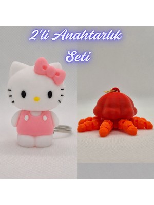 3D Atölye Maker  Beyaz Hello Kitty ve Turuncu Hareketli Deniz Anası Anahtarlık