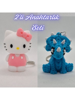 3D Atölye Maker  Beyaz Hello Kitty ve Açık Mavi Örgü Desen Triceratops Anahtarlık