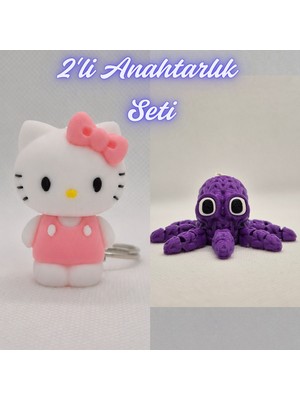 3D Atölye Maker  Beyaz Hello Kitty ve Mor Örgü Desen Ahtapot Anahtarlık