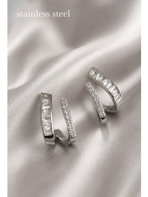 Stainless Steel Pirinç Gümüş Renk Zirkon Taşlı Küpe