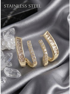 Stainless Steel Pirinç Gold Renk Zirkon Taşlı Küpe