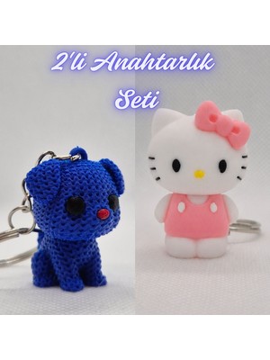 3D Atölye Maker  Mavi Örgü Desenli Köpek ve Beyaz Hello Kitty Anahtarlık
