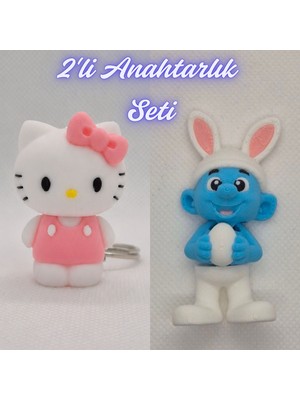 3D Atölye Maker  Beyaz Hello Kitty ve Şirinler Anahtarlık