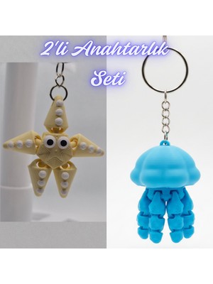 3D Atölye Maker  Açık Sarı Hareketli Deniz Yıldızı ve Açık Mavi Hareketli Deniz Anası Anahtarlık