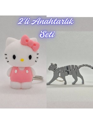 3D Atölye Maker  Beyaz Hello Kitty ve Gümüş Esnek Kedi Anahtarlık