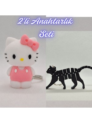 3D Atölye Maker  Beyaz Hello Kitty ve Siyah Esnek Kedi Anahtarlık