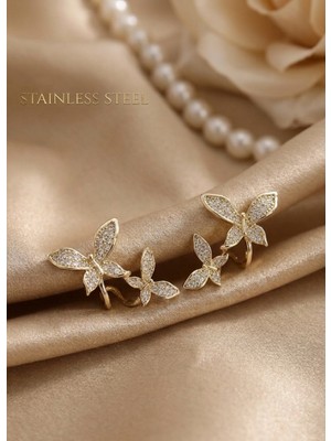 Stainless Steel Pirinç Gold Renk Zirkon Taşlı Kelebek Model Küpe