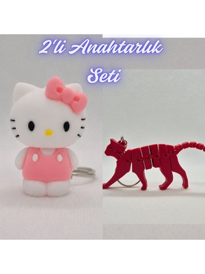 3D Atölye Maker  Beyaz Hello Kitty ve Kırmızı Esnek Kedi Anahtarlık