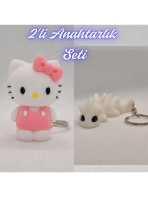 3D Atölye Maker  Beyaz Hello Kitty ve Beyaz Esnek Ejder Anahtarlık