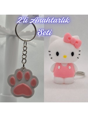 3D Atölye Maker  Açık Pembe Kedi Patisi ve Beyaz Hello Kitty Anahtarlık