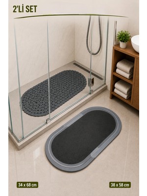 MAİN SHOP 2'li Oval Banyo Matı Seti - 34X68 cm Küvet Içi Kaymaz Paspas & 38X58 cm Su Emici Paspas