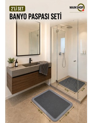 MAİN SHOP 2'li Kare Banyo Paspas Takımı - 54X54 cm Kaydırmaz Duş Içi Matı & 38X58 cm Sihirli Su Emici Mat