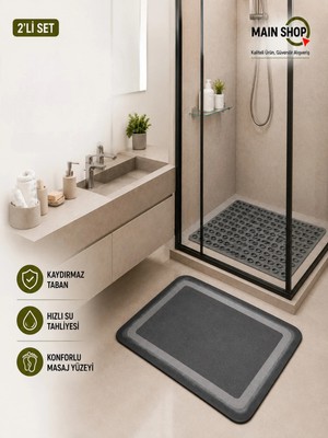 MAİN SHOP Kaydırmaz Banyo Duş Paspas Seti 2'li - Hızlı Su Tahliyeli Duş Matı ve Sihirli Su Emici Lavabo Önü Matı