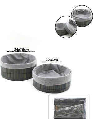 Go İthalat Gri 2 Boy Yuvarlak Bambu Kenar Organizer Sepet Ahşap Altlık - Bezli ÇAP=22X24CM (5468)