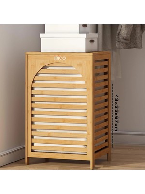 Go İthalat Kalın Ahşap Bambu Kirli Çamaşır Sepeti Kumaş Çantalı SEPET=43X33X67CM (5468)