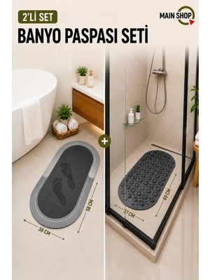 MAİN SHOP 2'li Oval Banyo Matı Takımı - 38X58 cm Su Emici Paspas ve 37X69 cm Masajlı Kaydırmaz Duş Paspası