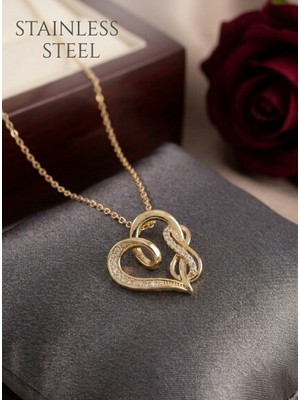 Stainless Steel 316L Çelik Gold Renk Zincir Zirkon Taş Detaylı Kalp Model Sonsuzluk Detay Kolye