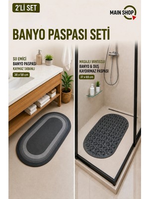 MAİN SHOP 2'li Oval Banyo Matı Takımı - 38X58 cm Su Emici Paspas ve 37X69 cm Masajlı Kaydırmaz Duş Paspası
