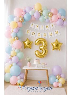 Organizasyon Pazarı 2 Yaş Doğum Günü Seti Iyi Ki Doğdun Yazılı Makaron Balon Süsleme Gold Rakam ve Gold Yıldız Folyo Balonlu
