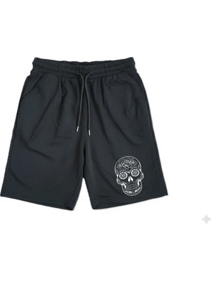 Machi Kadın Erkek Unisex Mexican Skull Baskılı Siyah Penye Rahat Kesim Cepli Lastikli Günlük Spor Şortu