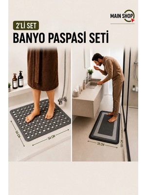 MAİN SHOP 2'li Kare Banyo Paspas Takımı - 54X54 cm Kaydırmaz Duş Içi Matı & 38X58 cm Sihirli Su Emici Mat