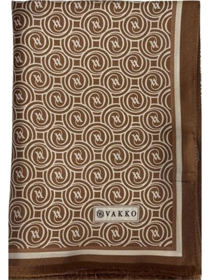 Vakko Tivil Monogram Ipek Şal 41407-AÇIK Kahve Ekru