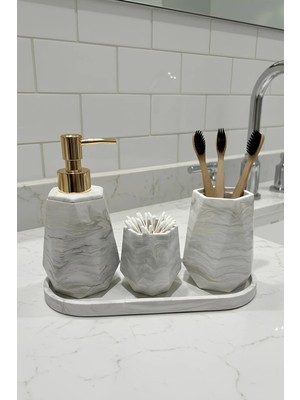 Elizovi Mermer Dokulu Premium 4 Parça Banyo Seti | Lüks Sabunluk, Fırçalık, Kulak Çöpü Kabı