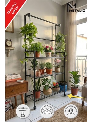 Metaliz Tekerlekli Metal Saksı Standı ve Bitki Askılığı - 3 Raflı Portatif Çiçek Rafı Siyah