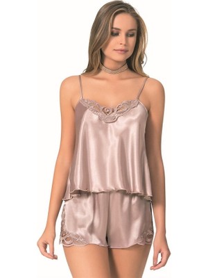 Vizon Saten Babydoll Şort Takımı