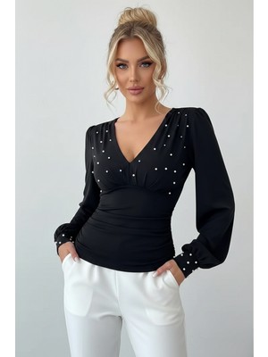 Kadın Krep Kumaş Drapeli Modern Bluz