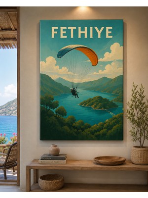 Othello Art Fethiye Yamaç Paraşütü Kanvas Tablo – Vintage Tatil Manzarası Duvar Dekoru | Deniz Sahil Doğa Seyahat Temalı Tablo