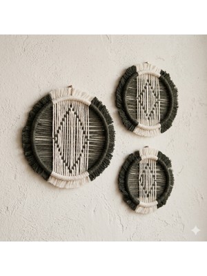 My Work Shop 3'lü Set El Yapımı Makrome Duvar Süsü - Geometrik Desenli Bohem Ev ve Balkon Dekoru - Haki Yeşili ve Krem
