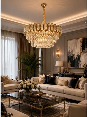 LED Yeni Model 60 cm Kristal Lüx Salon Avize Gold Renk