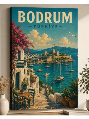 Othello Art Bodrum Temalı Kanvas Tablo – Ege Sahili ve Marina Manzaralı Vintage Duvar Dekoru