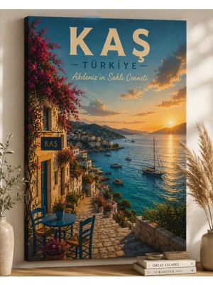 Othello Art Kaş Türkiye Kanvas Tablo – Akdeniz Manzaralı Retro Seyahat Afişi Duvar Dekoru