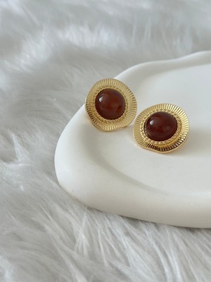 Kahve Taş Detaylı Gold Küpe