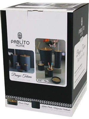Pablito Home Pablıto Home PBT-784 ( 5pcs ) Yuvarlak Banyo Seti & Takımı (Bambu Detaylı) (Çöp Kova-Fırçalık-Sıvı&katı Sabunluk-Diş Fırçalık)*6=k
