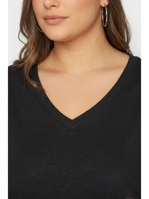Hanezza Büyük Beden Kadın Lila V Yaka Pamuklu Viskon T-Shirt Siyah 50-52