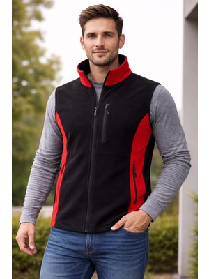 Dsnm Bizim Terzi Dsnm  Siyah Kırmızı Polar Yelek 3 Cepli Tam Fermuarlı Slim Fit Anti Pilling Tüylenmeyapmaz Hava Geçirmez Soft Shell Polar