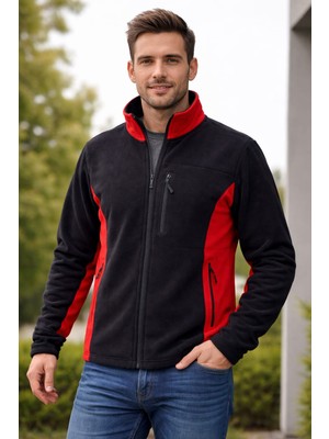Dsnm Bizim Terzi Dsnm Siyah Kırmızı Polar 3 Cepli Tam Fermuarlı Slim Fit Antipilling Tüylenme Yapmaz Hava Geçirmez Soft Shellpolar