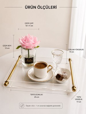 Vinnos Home & Concept Pleksi Gold Kulplu Dekoratif Kahve Sunum Tepsisi ve Yapay Gül Aranjmanı Seti 22X25 cm