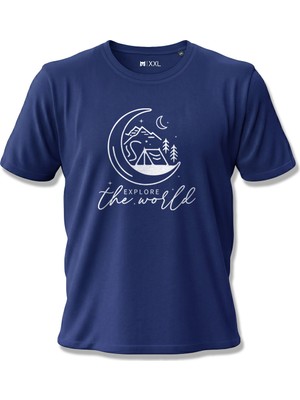North Whiskers Explore The World Ay ve Çadır Baskılı Unisex %100 Pamuklu Lacivert Outdoor Tişört