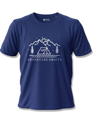 North Whiskers Adventure Awaits Çadır ve Dağ Baskılı Unisex %100 Pamuklu Lacivert Outdoor Tişört