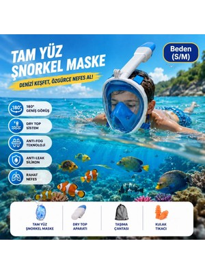 Hymark Tam Yüz Şnorkel Maske (S-M) Beden Panoramik Görüşlü Deniz Gözlüğü Dry Top Sistem Şnorkel Seti