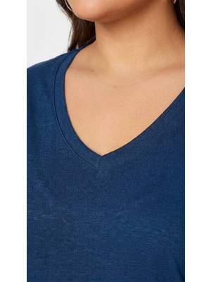 Hanezza Büyük Beden Kadın Lila V Yaka Pamuklu Viskon T-Shirt Indigo 42-44